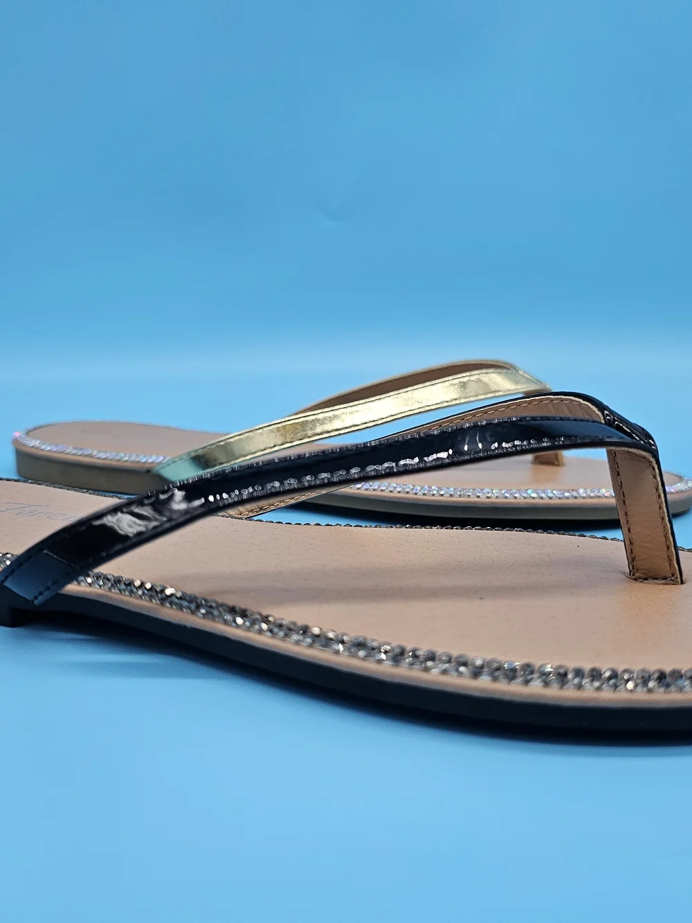 Women’s Metallic Gold Rhinestone Trim Flip Flop Sandals - Picture 5 of 6